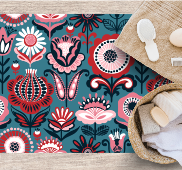 Pink and red folk pattern on a blue background flower rug - TenStickers