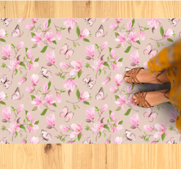 Pink magnolia and butterfly design  flower rug - TenStickers