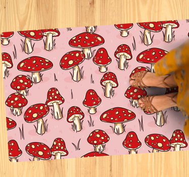 Red classic mushrooms pink background flower rug - TenStickers