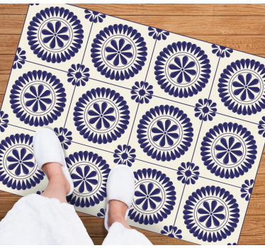 White and blue floral tiles bathroom vinyl flooring - TenStickers
