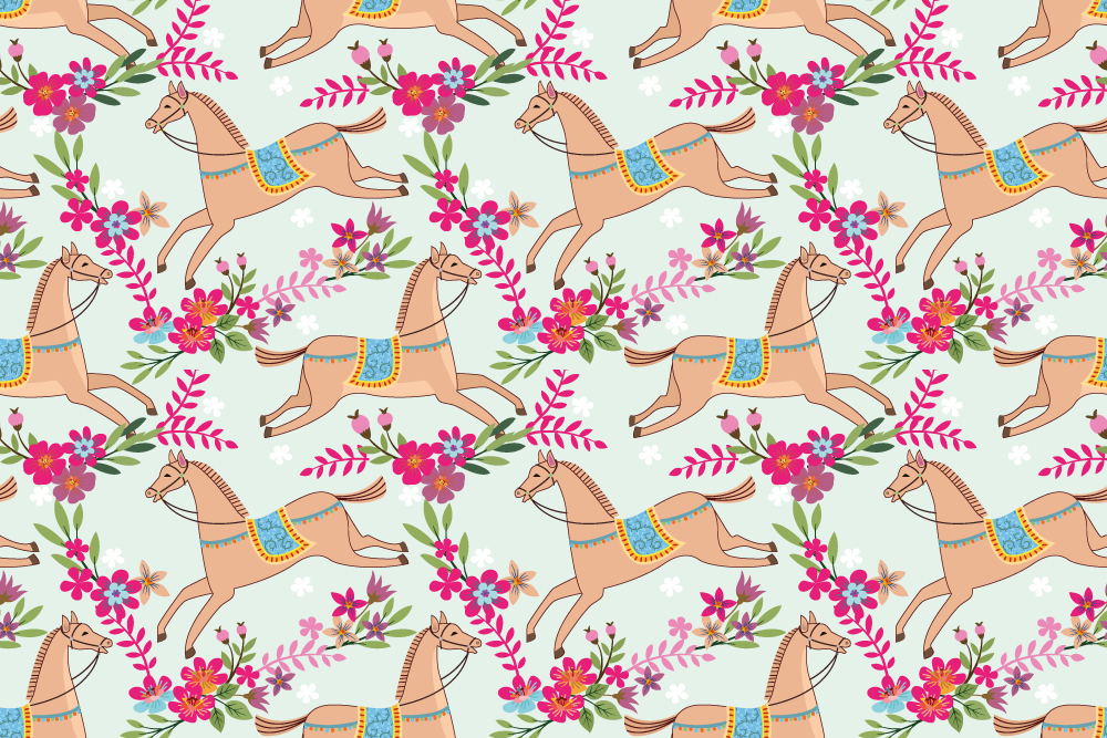 Animal vinyl rug with pink flower horse design - TenStickers