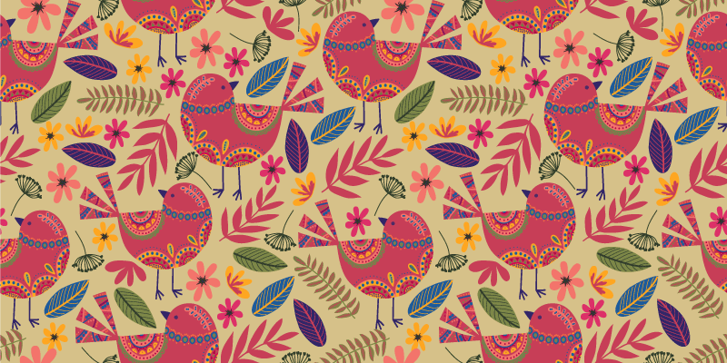 Flower vinyl rug with colorful birds folk art design - TenStickers