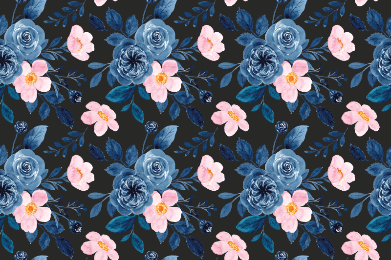 Flower vinyl rug with blue and pink pattern on black - TenStickers