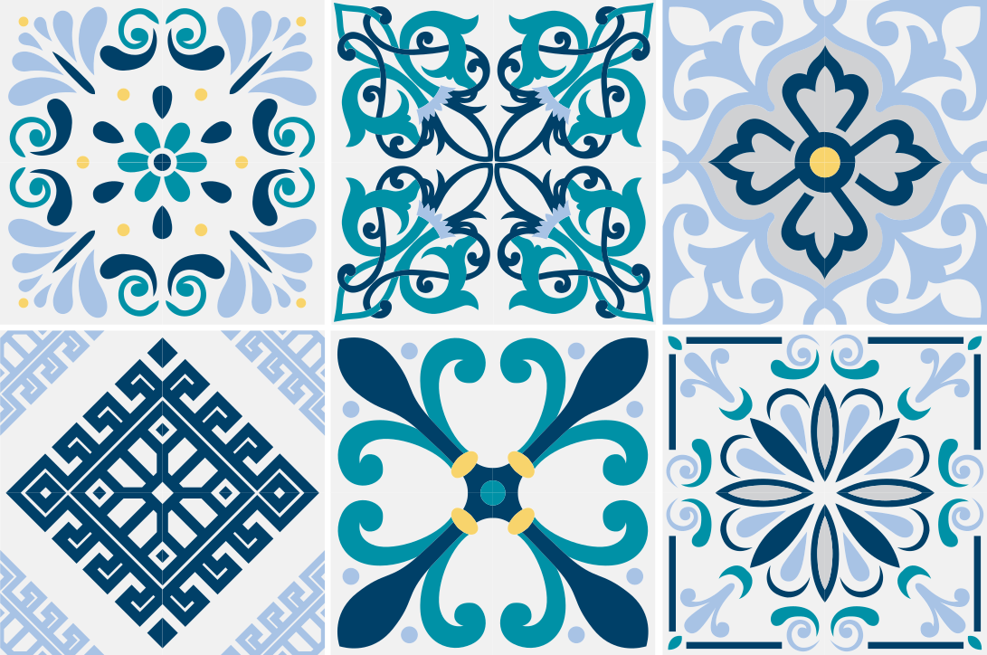 Kitchen vinyl rug in blue floral tiles design - TenStickers