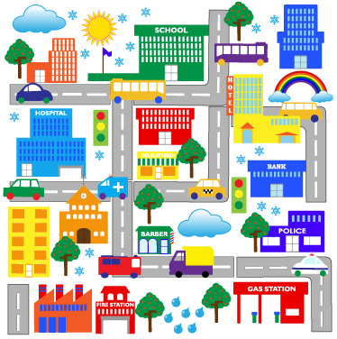 Kids vinyl rug colorful big city design - TenStickers