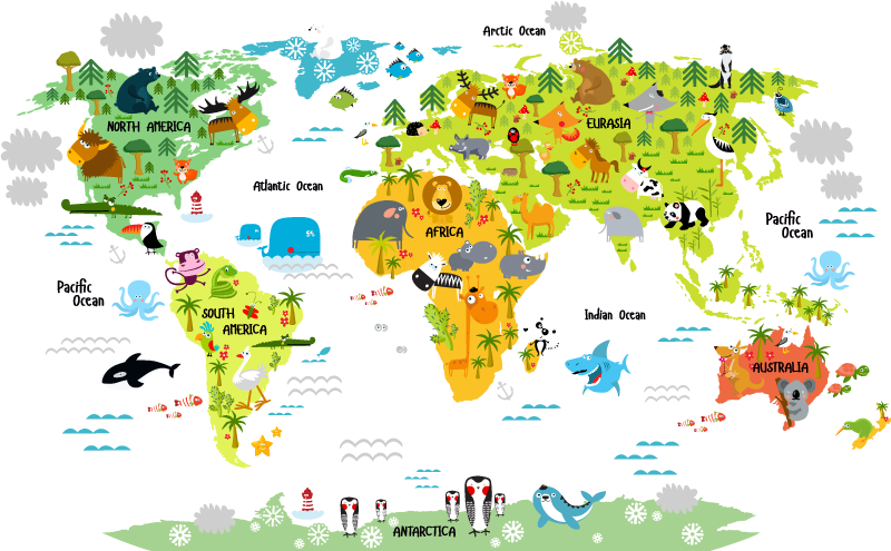 World map vinyl rug with english fauna design - TenStickers