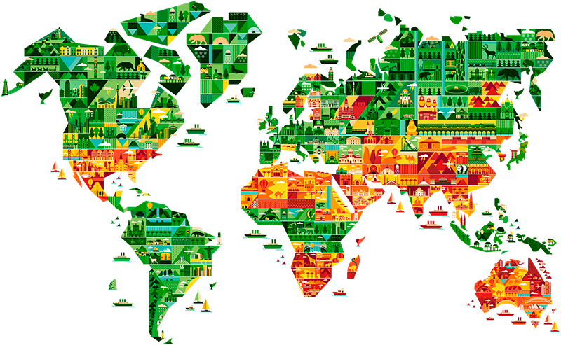 World map vinyl rug with monument designs - TenStickers