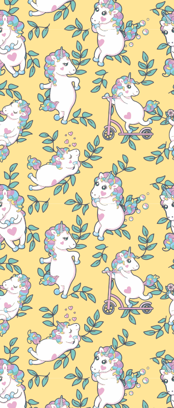 Bedroom vinyl rug with adorable unicorns and green leaves - TenStickers