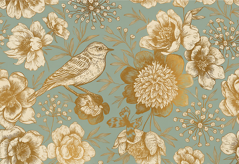 Bedroom vinyl rug in grey background with gold flowers - TenStickers