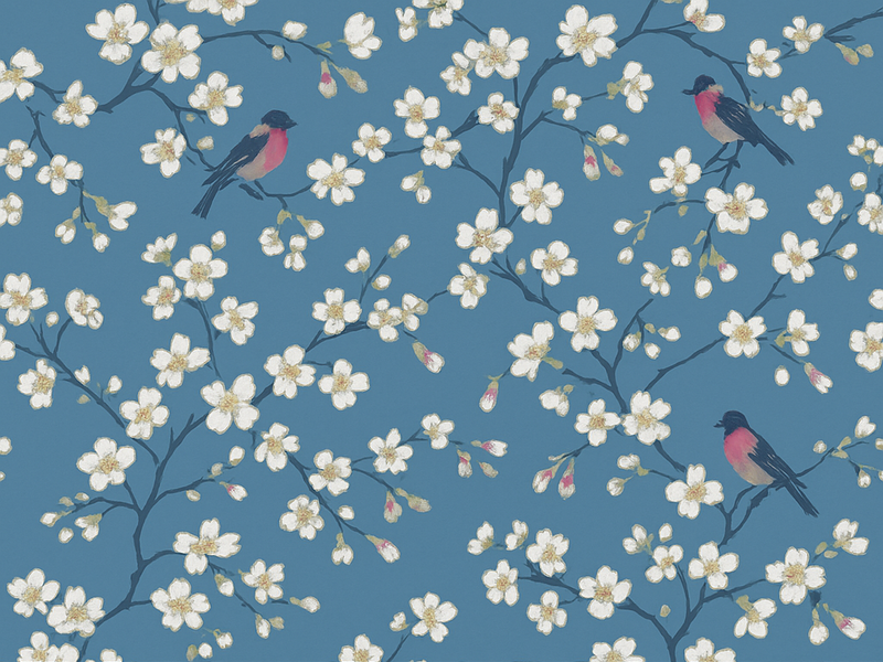 Nature vinyl rug blue orchard birds - TenStickers