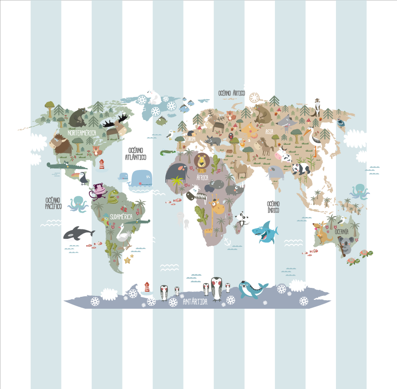 World map vinyl rug featuring animal designs - TenStickers