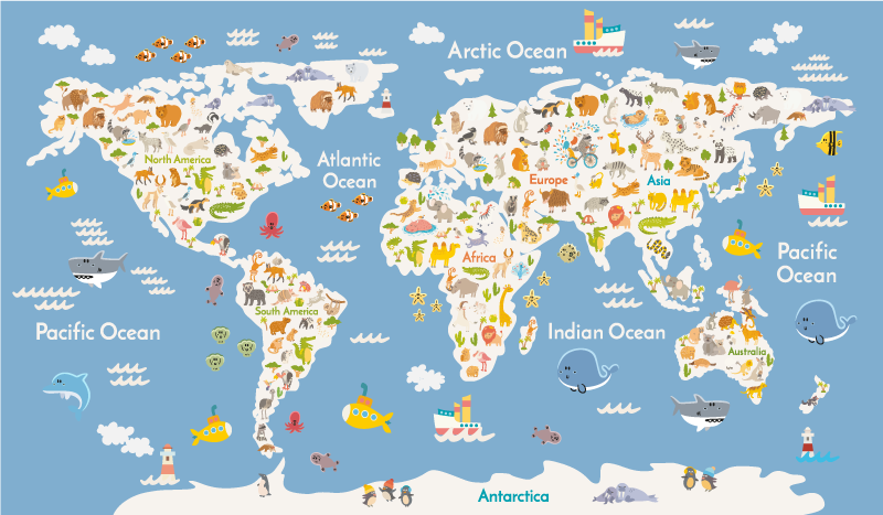 World map vinyl rug white animal design for kids - TenStickers