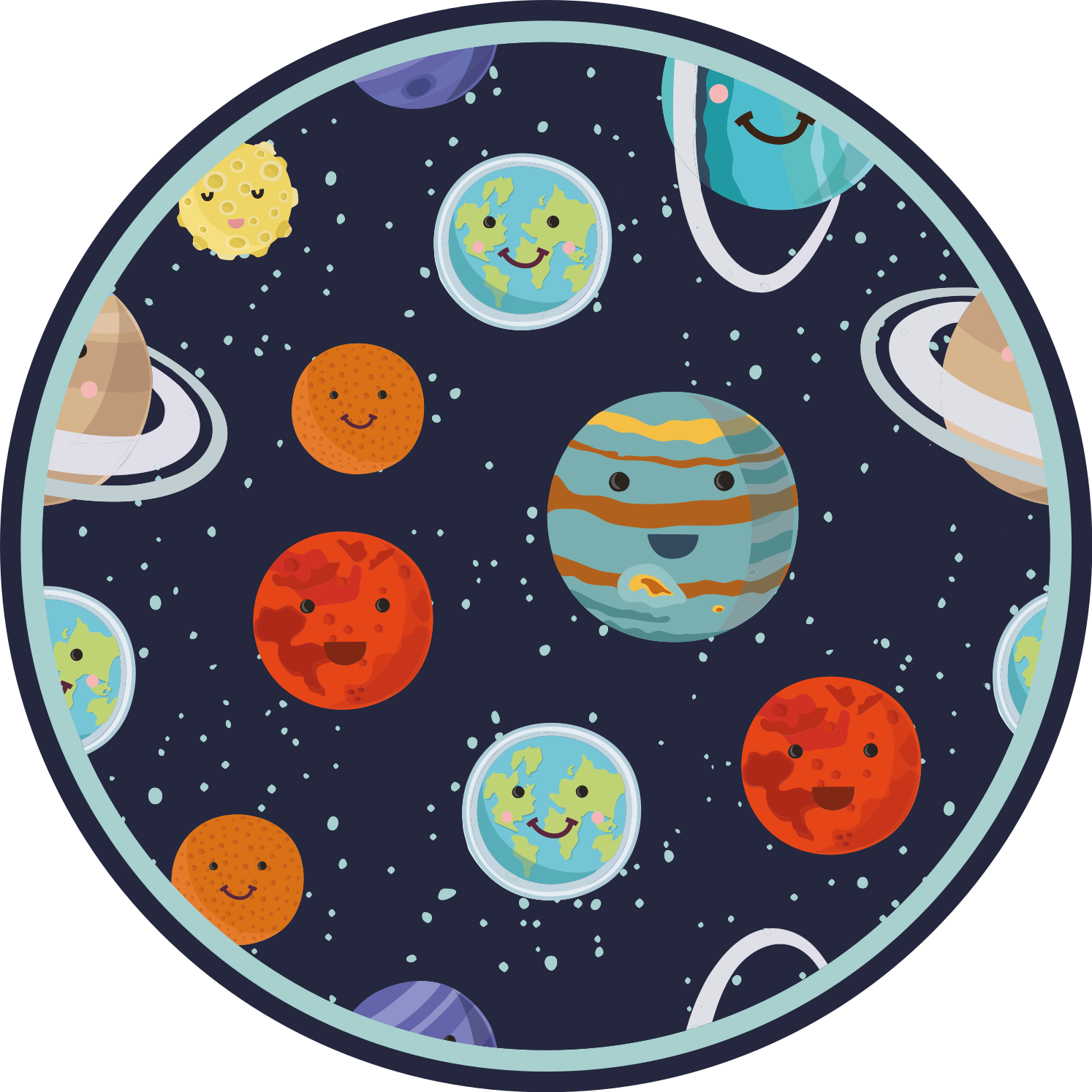 Smiling planets circle playroom vinyl rug - TenStickers