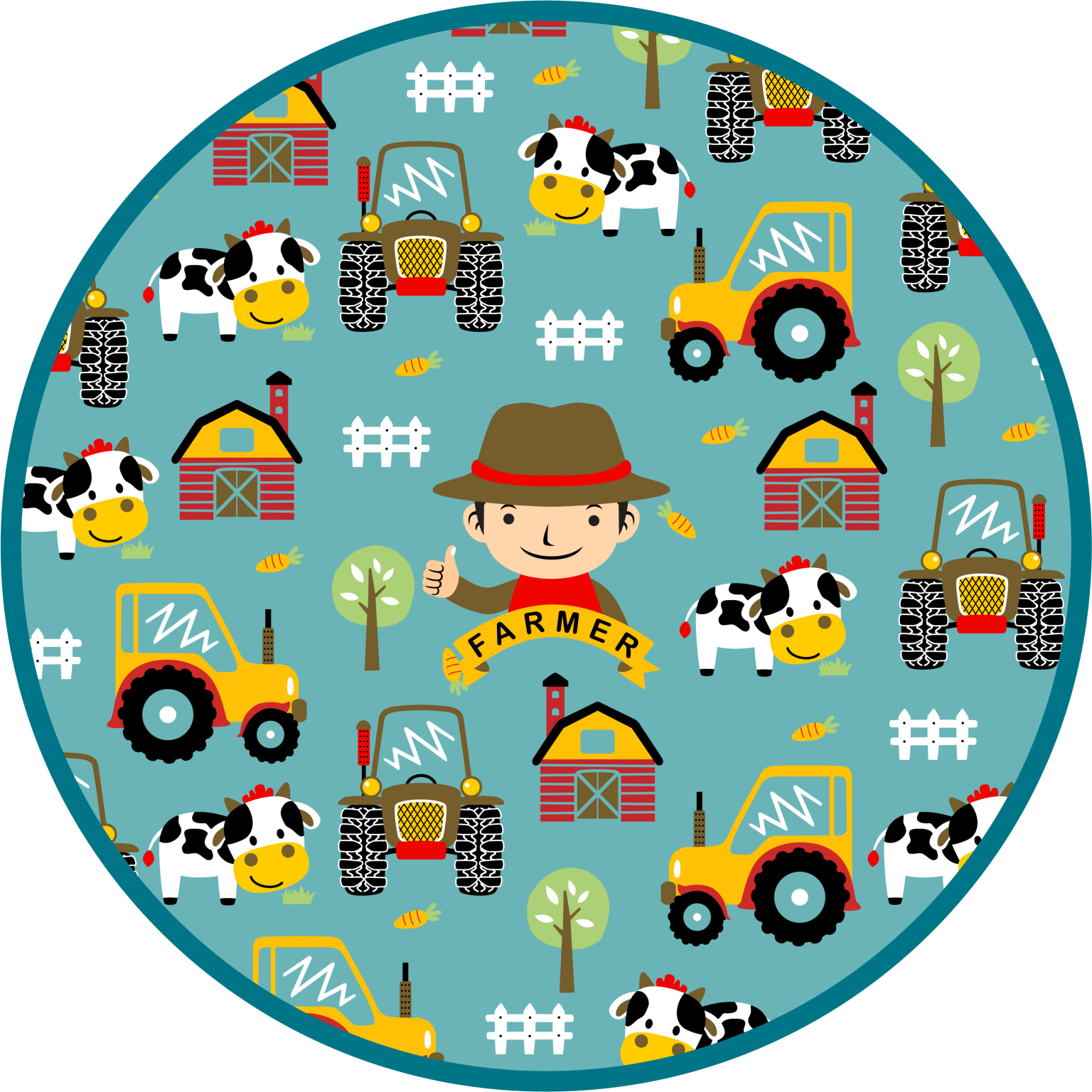 Farmer, animals and tractor circle animal rug - TenStickers