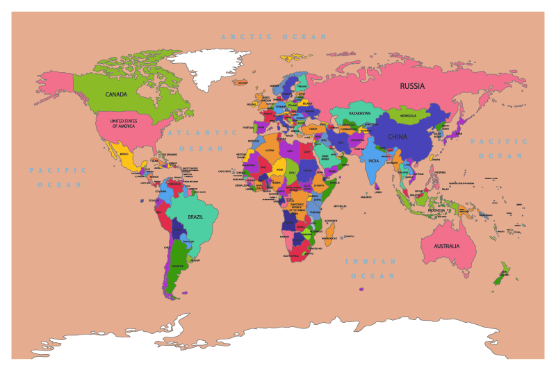 Tan color with colorful continents map rug - TenStickers