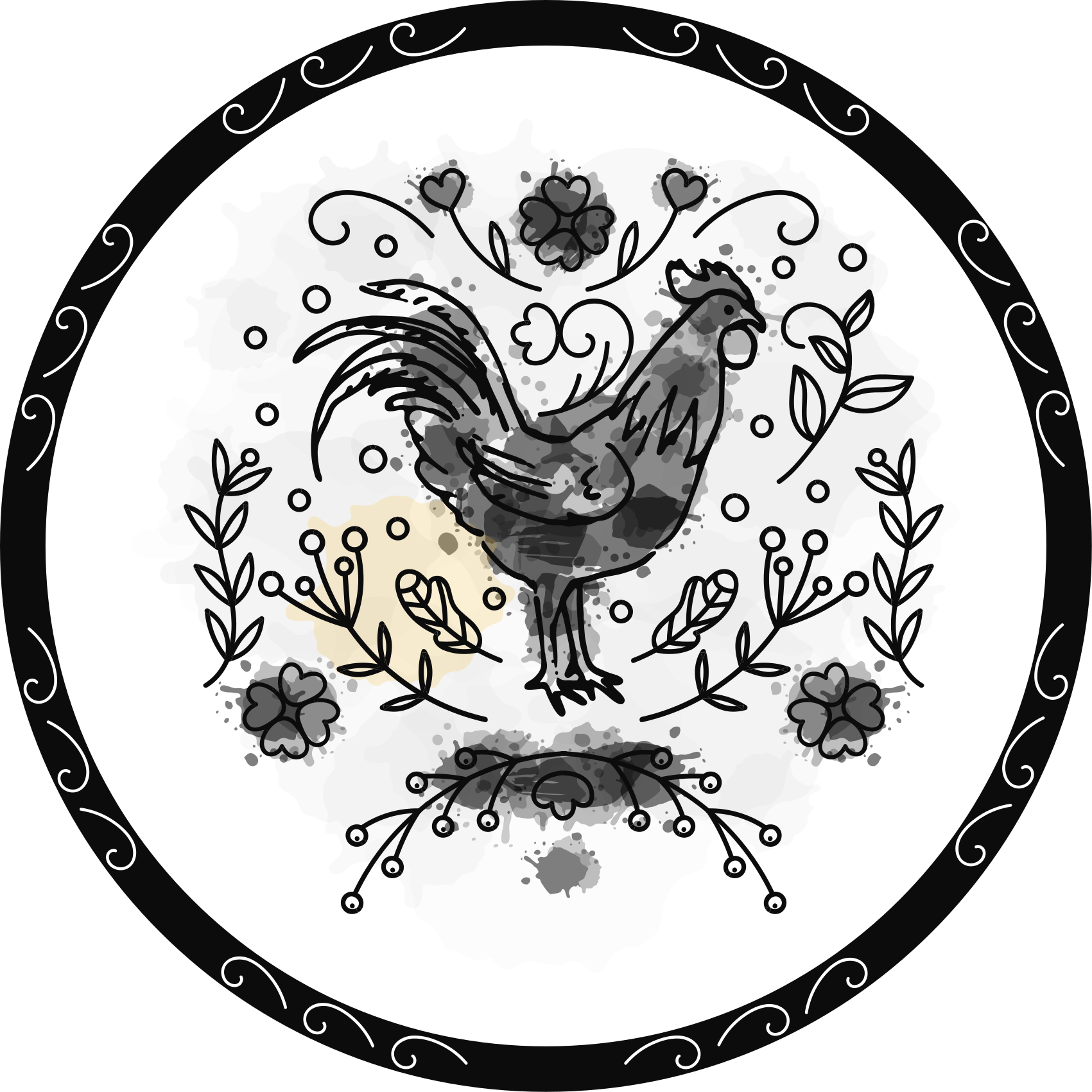 Black and white rooster circular rug - TenStickers