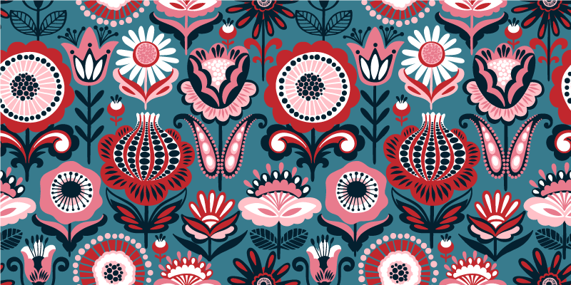 Pink and red folk pattern on a blue floral rug - TenStickers