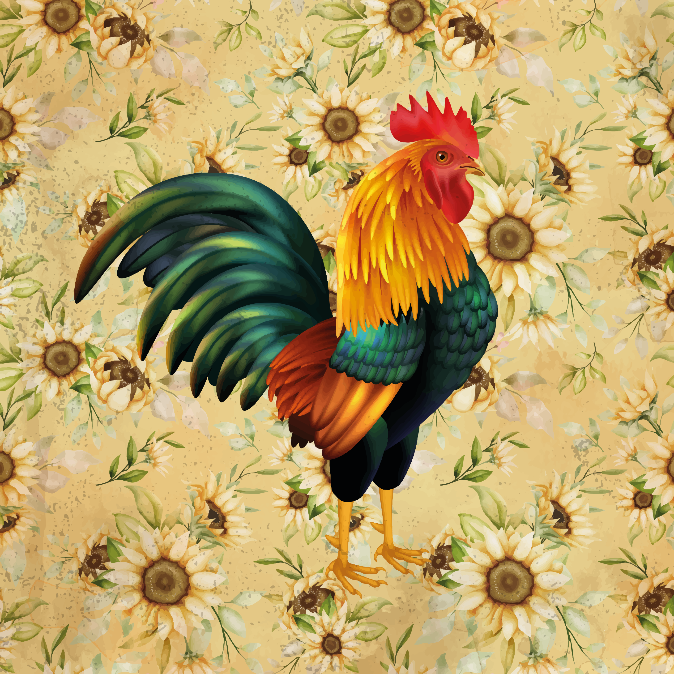 Rooster and sunflowers square vinyl rug - TenStickers