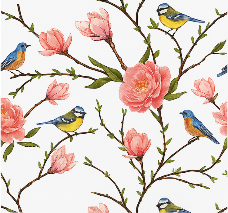 Birds wallpaper spring songbird and peony - TenStickers