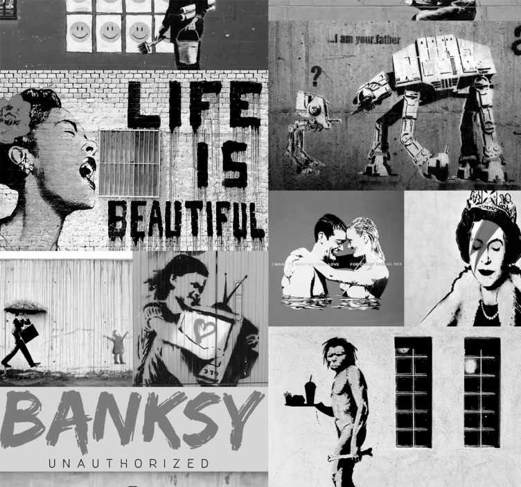 Art wallpaper Banksy - grey collage - TenStickers
