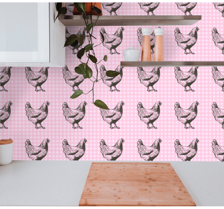 Pink and white squares with roosters wallpaper - TenStickers
