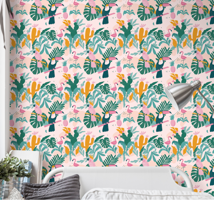 Green birds and leave on pink bedroom wallpaper - TenStickers