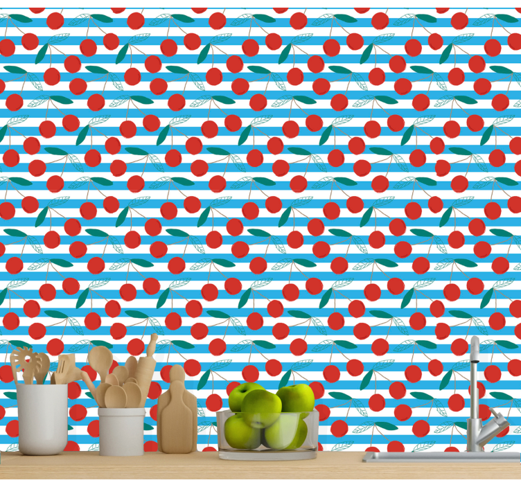 Cherry pattern with stripes kitchen wallpaper - TenStickers