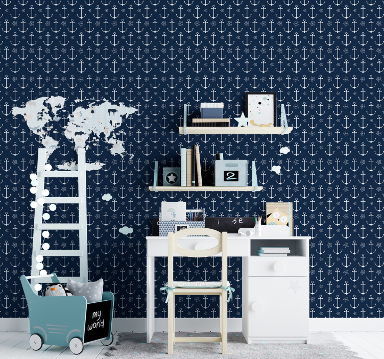 Anchor pattern Navy blue wallpaper - TenStickers