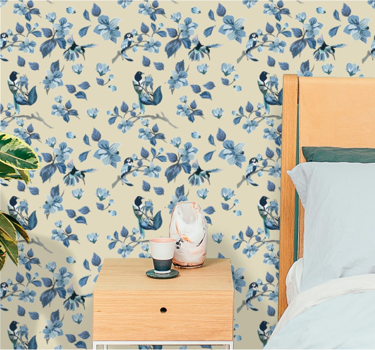 Beige and blue pattern flower wallpaper - TenStickers