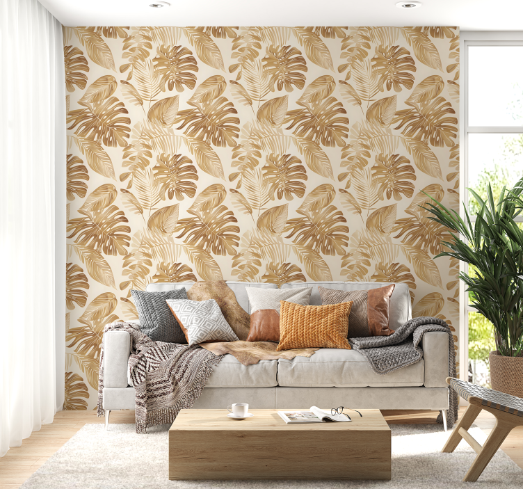 Beige big leaves pattern leaf wallpaper - TenStickers
