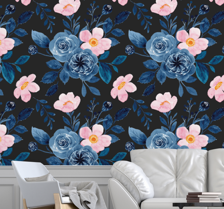 Flower pattern on black background wallpaper - TenStickers