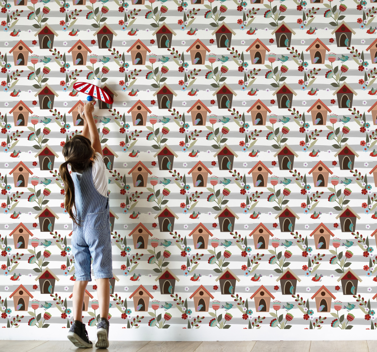 Charming Birdhouses Pattern floral ornament wallpaper - TenStickers