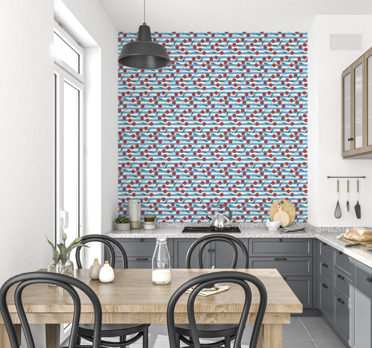 Cherry pattern with stripes kitchen wallpaper - TenStickers