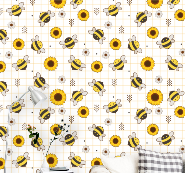 Cute bee and sunflower Flowery Wallpaper - TenStickers