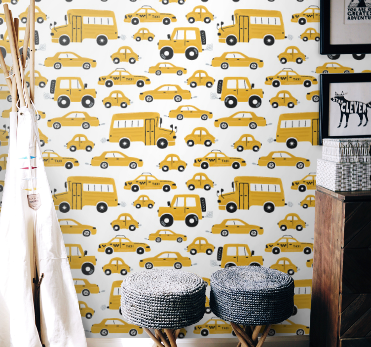 Cute design yellow car Modern Wallpaper - TenStickers