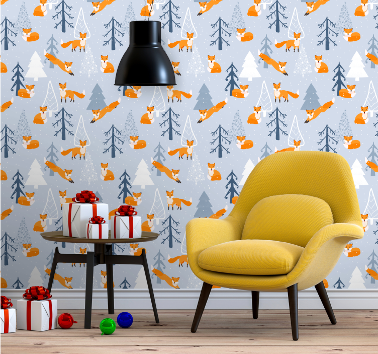 Cute fox winter pattern Christmas wallpaper - TenStickers