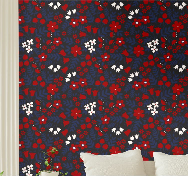 Dark blue and red pattern flower wallpaper - TenStickers