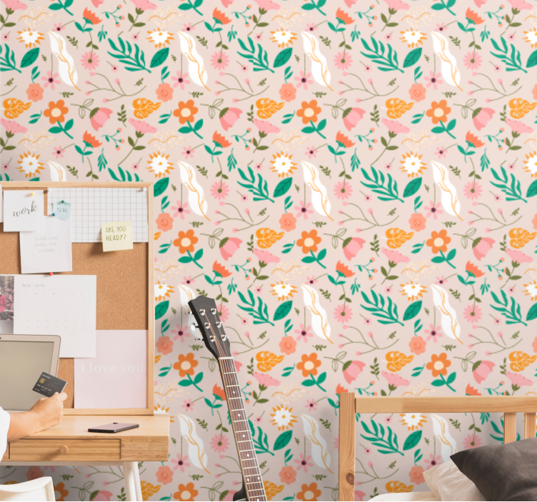 Blooming pattern and feathers flower wallpaper - TenStickers