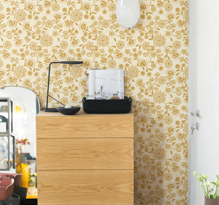 Golden Flower Pattern floral ornament wallpaper - TenStickers