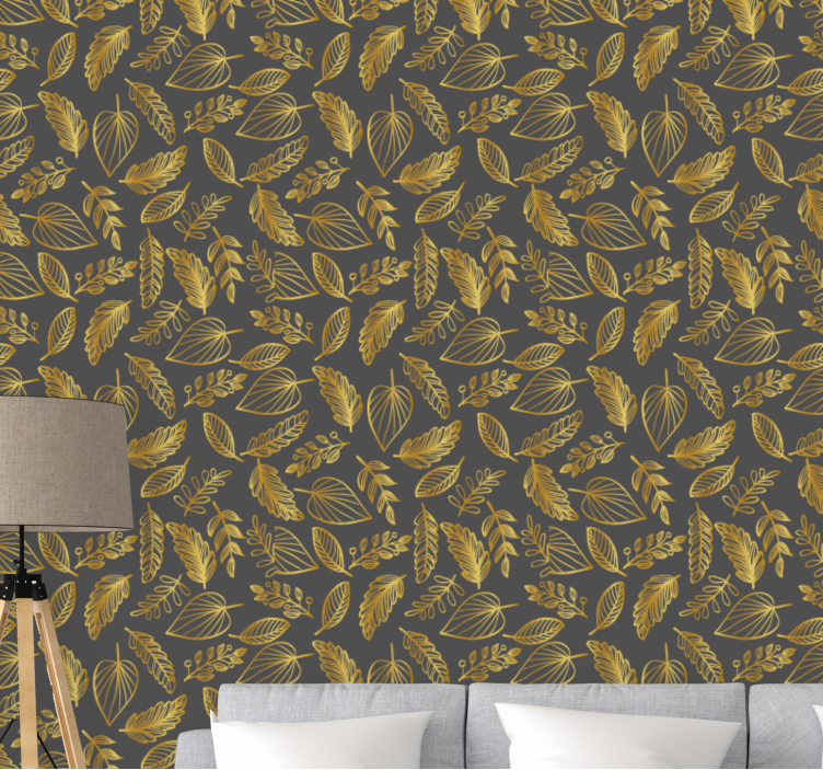 Gray and gold leaves pattern flower wallpaper - TenStickers