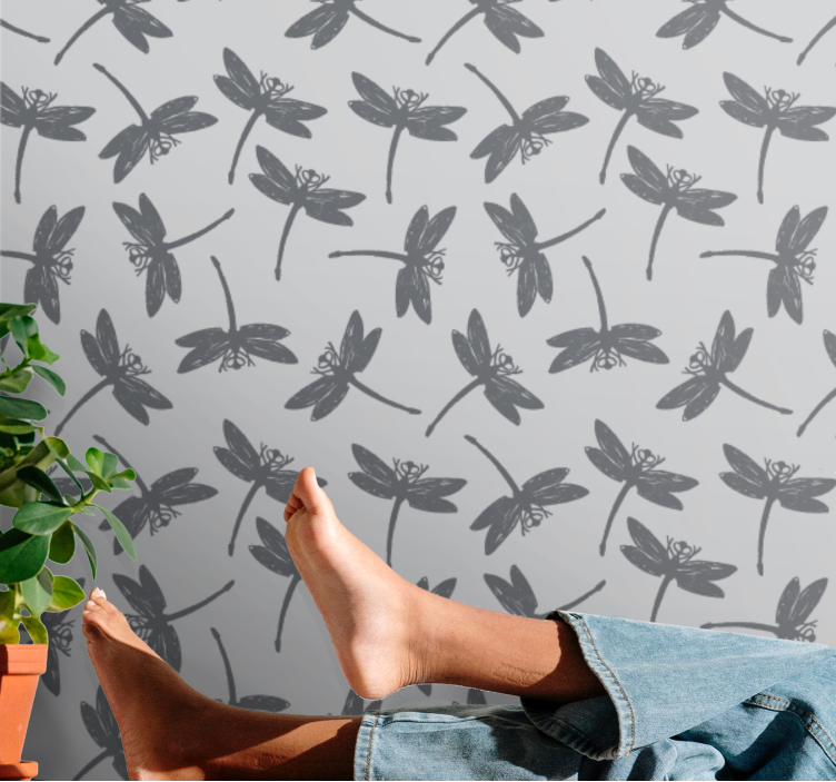 Gray Japandi dragonfly painting wallpaper - TenStickers