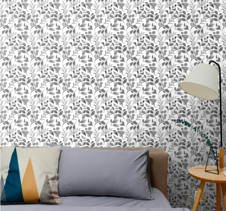 Grey pattern on white background leaf wallpaper - TenStickers
