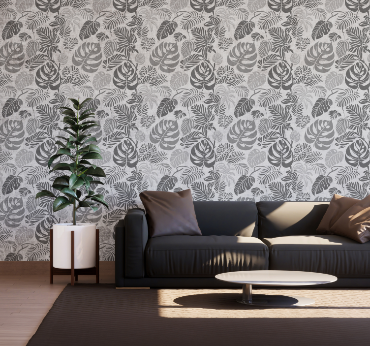 Monstera leaves gray wallpaper - TenStickers