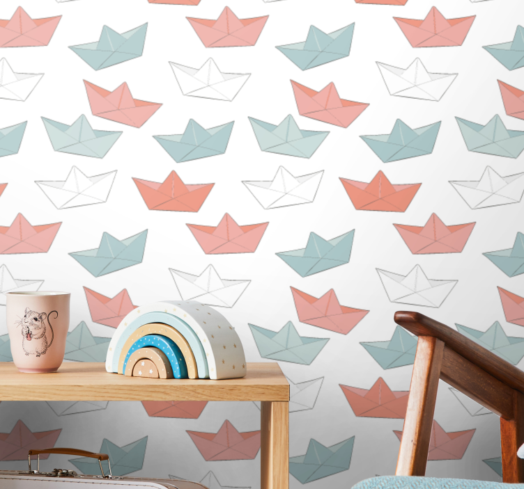 Pink and blue sailboat pattern wallpaper - TenStickers