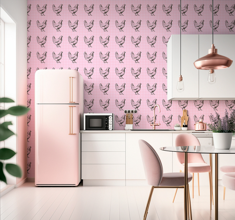 Pink and white squares with roosters wallpaper - TenStickers