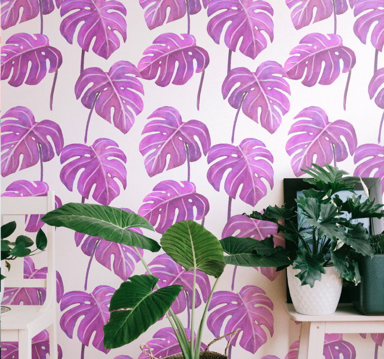 Pink painted monstera leaf wallpaper - TenStickers