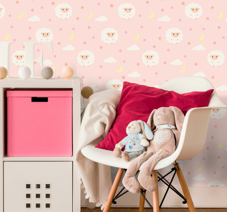 Pink sky with sheep Childrens Wallpaper - TenStickers