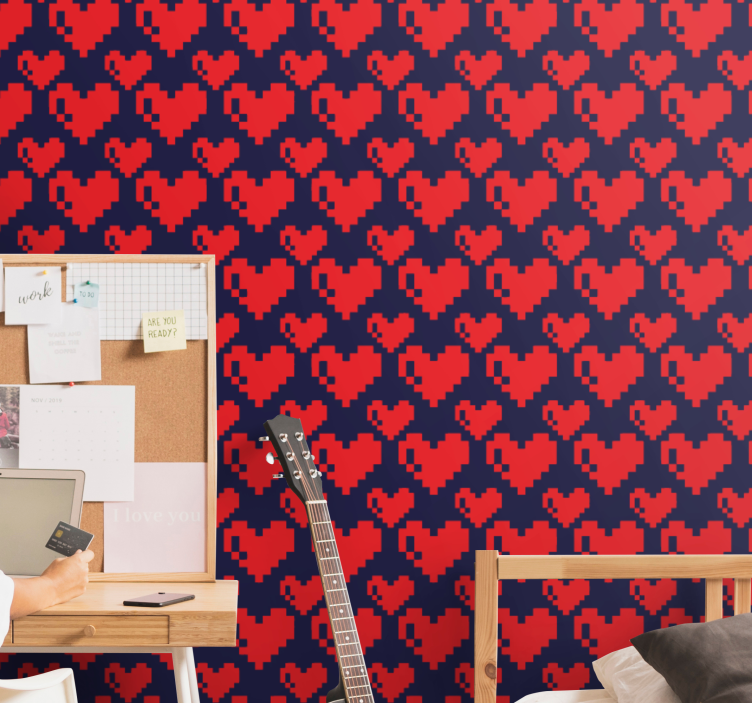 Pixel hearts blue background Bedroom Wallpaper - TenStickers