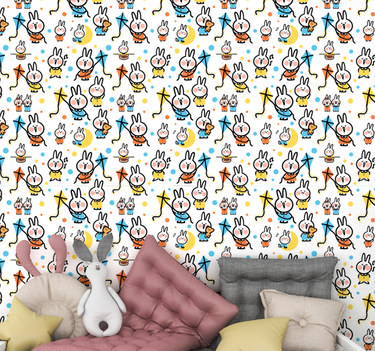 Bunnies with Kites animal wallpaper - TenStickers