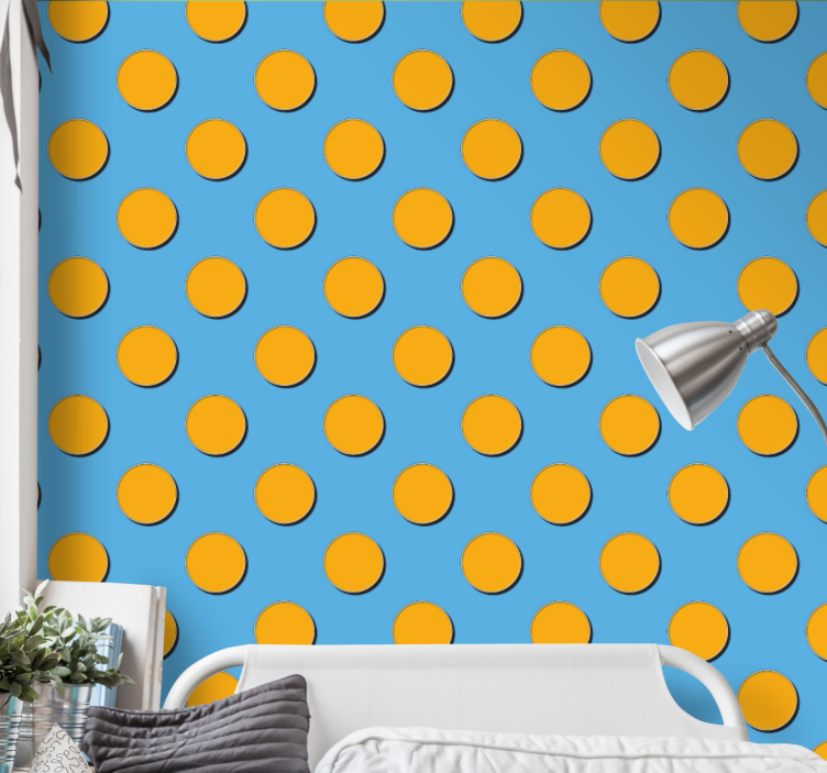 Polka dots wallpaper in orange dots on blue background - TenStickers